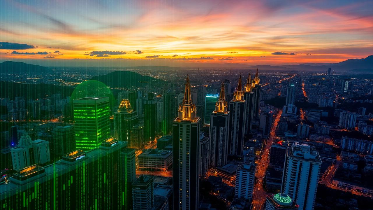 Vista aérea de Medellín con código holográfico y símbolos de peso colombiano