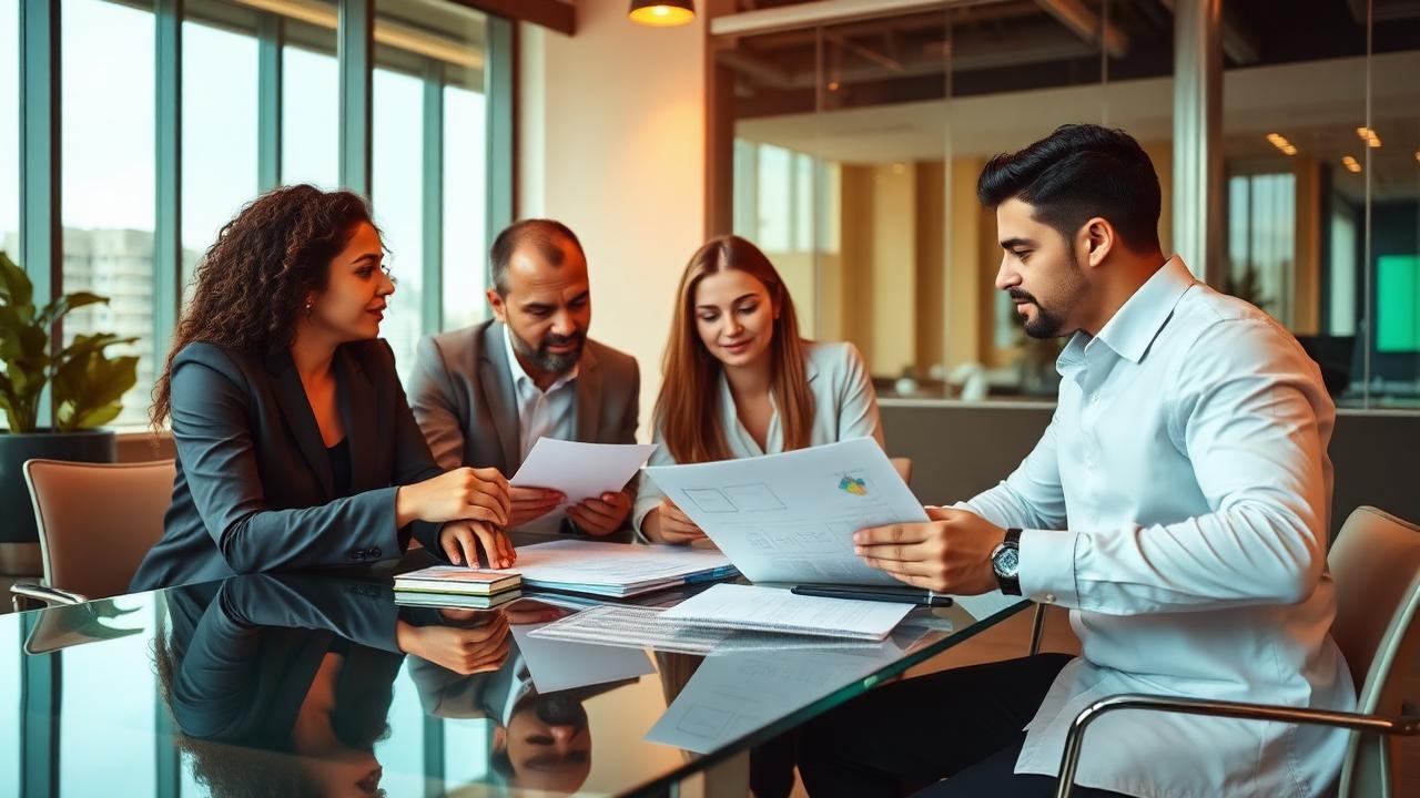 Equipo técnico revisando propuestas de software en una mesa moderna