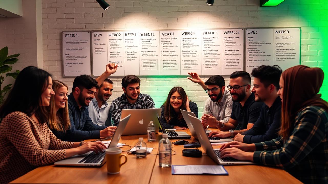 Equipo celebrando el lanzamiento de un MVP con tablero de sprints